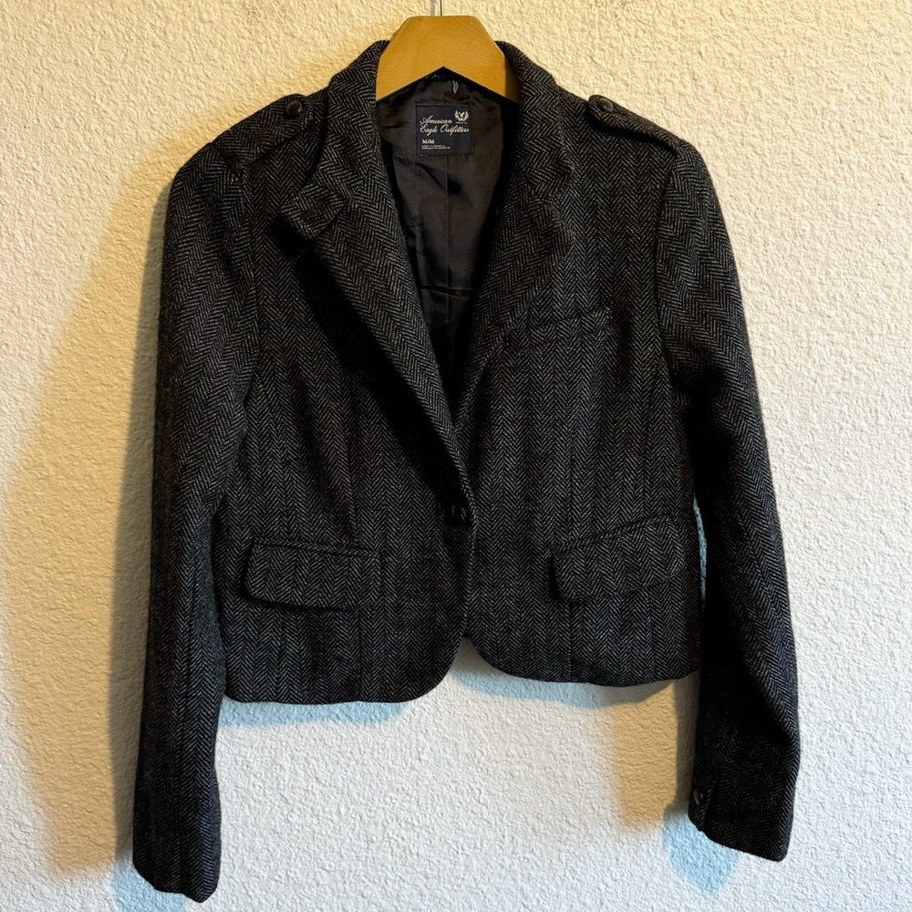 American Eagle Herringbone Tweed Wool Crop Blazer Gray Black Women’s Size M